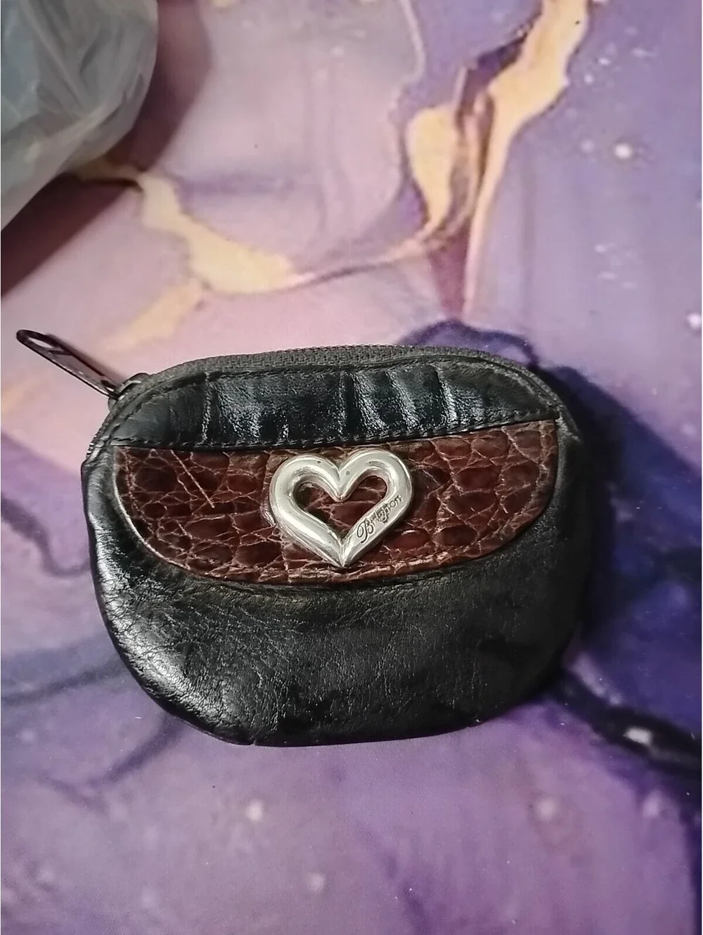 Brighton Small Black and Brown Croc Embossed Leather Coin  Purse Silver Heart